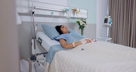 Image showing Thinking, hospital bed and woman with stress, medical support and depression with healthcare. Person, girl and patient with depression, surgery and medicare with anxiety, virus and icu with illness