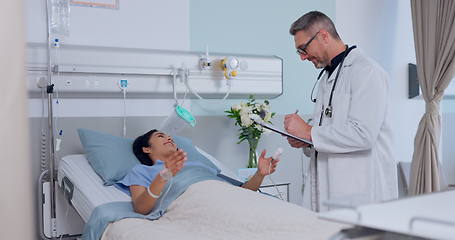 Image showing Man, doctor and writing with patient in consultation, checkup or healthcare on hospital bed. Medical surgeon or nurse taking note of sick person in diagnosis, prescription or health results at clinic