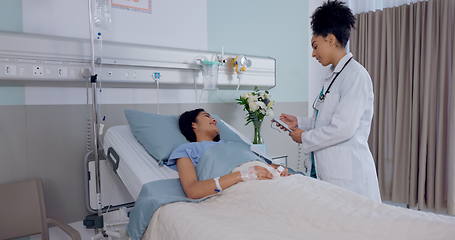 Image showing Happy woman, doctor and patient on bed for checkup, appointment or healthcare support at hospital. Female person, nurse or medical surgeon checking sick customer in trust or care in bedroom at clinic