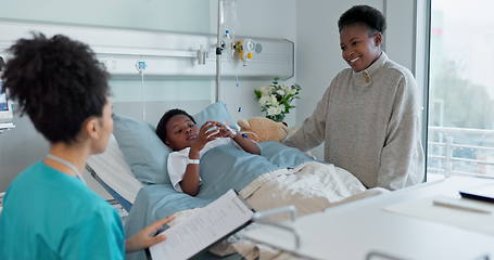 Image showing Nurse, mother and son in a hospital for healthcare together during recovery with medical records. Medicine, family and children with people in a pediatrician clinic for rehabilitation or treatment