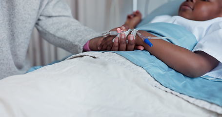 Image showing Hospital, bed and parent holding hands with child for comfort, compassion and care with iv drip. Healthcare, family and support, love and trust for kid for medical service, wellness and treatment