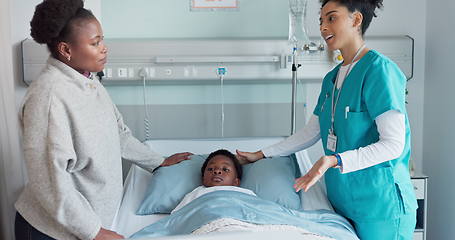 Image showing Medicine, mother and son talking in a hospital for healthcare advice together during recovery. Nurse, family discussion and kids with people in a pediatrician clinic for rehabilitation or treatment