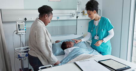Image showing Happy woman, doctor and child patient in checkup, appointment or healthcare on hospital bed. Female person, nurse or medical professional talking to customer, mother or kid with good news at clinic