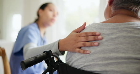 Image showing Senior care, caregiver or empathy with talking for support, wellness and healthcare in nursing home or retirement. Elderly, nurse or lady in wheelchair with touch for medical service or communication