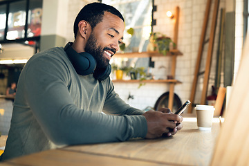 Image showing Man, relax in coffee shop with smartphone and typing text or email, social media and online communication. Break at cafe, mobile app and scroll internet, search engine and chat with smile and tech