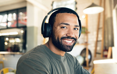 Image showing Portrait, smile and man in headphones in home for listening to music, streaming media on internet or audio. Happy face, radio and person hearing sound, podcast and jazz song on technology for freedom
