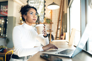 Image showing Laptop, thinking or remote work in a coffee shop with a digital marketing woman in a restaurant for research. Computer, idea and a young freelance employee in a cafe or restaurant as a startup worker