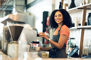 Image showing Happy woman, cafe and portrait of barista in small business, cappuccino or latte at coffee shop. Female person or waitress smile in retail service making tea, drink or beverage at store or restaurant