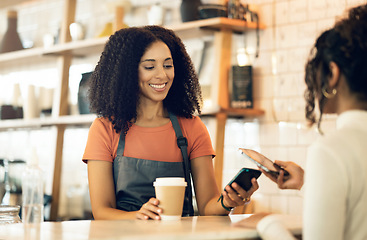 Image showing Happy woman, pos and phone payment at cafe for customer transaction, tap or scan at checkout. Female person, barista or small business owner smile for electronic purchase, coffee or service at store