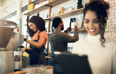 Image showing Happy woman, tablet and team in small business at cafe for hospitality service at coffee shop. Female person, entrepreneur or restaurant owner smile with technology and barista in teamwork at store