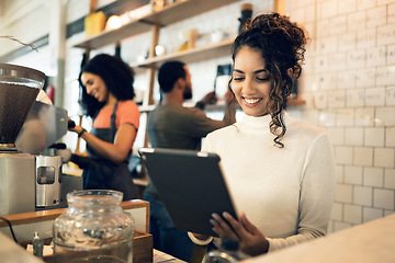 Image showing Happy woman, tablet and small business at cafe in management, network or ownership at coffee shop. Female person, entrepreneur or restaurant owner smile with technology, team and barista in store