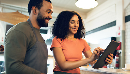 Image showing Happy woman, tablet and team at cafe in small business management, leadership or collaboration at coffee shop. Female person smile in teamwork with technology for managing restaurant or retail store