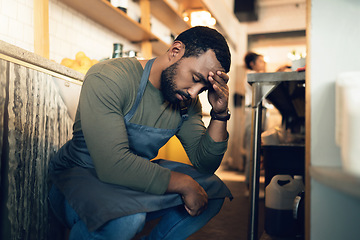 Image showing Waiter man, coffee shop and tired with stress, headache or regret for mistake, fail or fatigue at job. Barista person, burnout and pain in head with anxiety, mental health or depression in restaurant
