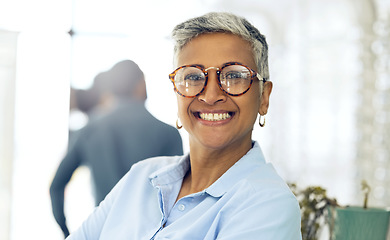 Image showing Glasses, smile and store portrait of woman for visual wellness, ophthalmology or eyewear. Pride, glasses and face of professional optician for lens frame sales, eyesight support or eye care support