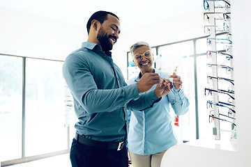 Image showing Optometry, glasses and woman and man for decision, choice and eye care option in optician store. Healthcare, ophthalmology and people in clinic to choose prescription lens, spectacles and frames