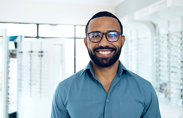 Image showing Glasses, optometrist smile and portrait black man for vision healthcare, product sales or ophthalmology service. Eyeglasses customer, store management or African optician happy for eye care support