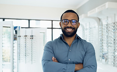 Image showing Eyeglasses, arms crossed and portrait of happy man, optician or ophthalmologist for vision help, healthcare or ophthalmology. Lens glasses, pride and professional African ophthalmologist for eye care