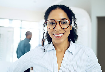 Image showing Optometry store, glasses and portrait of happy woman, optician or customer for lens frame, retail choice or eyewear sales. Eye care clinic, optometry or face of optometrist smile for eyesight support