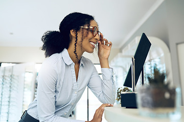 Image showing Optometry, glasses and woman with mirror for decision, choice and options in optician store for vision. Healthcare, ophthalmology and happy person check prescription lens, spectacles and frames