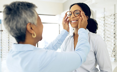 Image showing Optometry, consulting and women with glasses for decision, choice and eye care option in optician store. Healthcare, ophthalmology and people in clinic for prescription lens, spectacles and frames