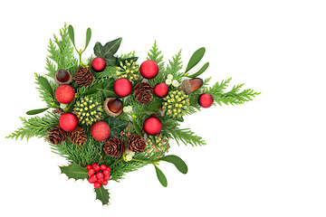 Image showing Christmas Winter Flora with Red Ball Decorations 