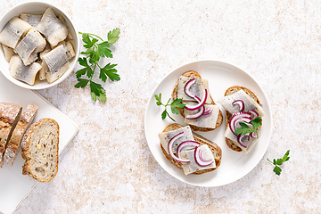 Image showing Herring sandwich. Toast with bread, herring and onion. Top view