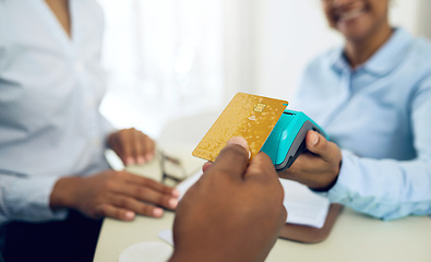 Image showing Closeup, hand and payment with card or credit for purchase, service or product in medical office. Male, person and machine for digital, transaction and paperless for sale in space for appointment