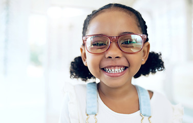 Image showing Store portrait, happy child and vision eyeglasses, lens frame or optical eyewear for youth ocular wellness, support or optometry. Retail product, visual accessory and young kid for eye care glasses