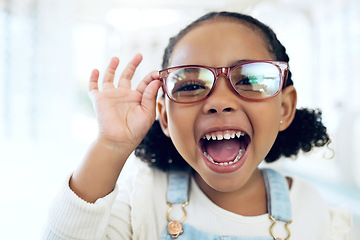 Image showing Store, portrait and child excited for eyeglasses, lens frame and scream for optical eyewear, ocular wellness or optometry service. Happy energy, vision support or young kid girl with eye care glasses