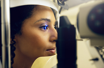 Image showing Woman, eye test and opthalmology at clinic for vision, cataract and optic health with slit lamp examination. Face, female patient and optometrist for prescription lenses for glaucoma with diabetes