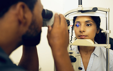 Image showing Woman, optometrist and eye exam with vision and laser machine, health and vision with optometry and wellness at clinic. Patient, man and scan retina for assessment with prescription and technology