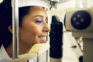 Image showing Woman, eye exam and optometry for vision, medical and healthcare consultation or glaucoma check. Happy client with laser technology, blue light or machine for scanning eyes and ophthalmology test