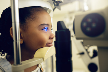 Image showing Girl kid, face and eye exam with vision and laser machine, health and vision with optometry and wellness at clinic. Patient, LED light and scan retina for assessment with prescription and technology