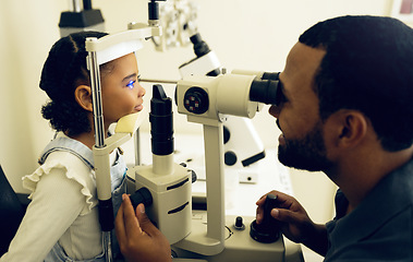 Image showing Eye doctor, machine or child consulting to help eyesight at optometrist for a optical assessment. Optician, slit lamp or kid in test for vision, iris or retina health with laser technology or man