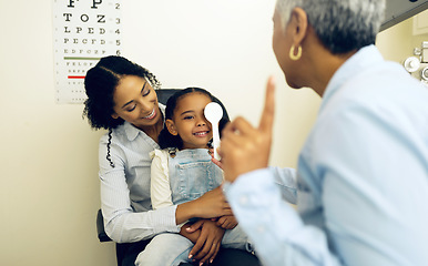 Image showing Optometry, eye exam and optometrist with child and mother at a medical appointment for vision test. Health, wellness and senior optician with mom and girl kid patient with lenses in an optical clinic