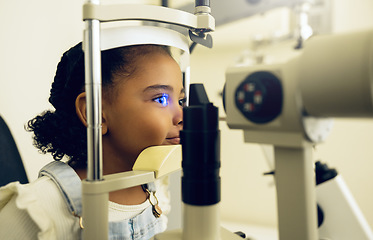 Image showing Child, eye exam and optometry for medical, vision and healthcare consultation or glaucoma check. Young client or girl kid with laser technology, blue light or machine scanning and ophthalmology test