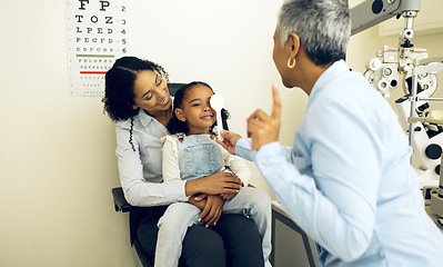 Image showing Eye exam, optical and optometrist with child and mother at an eye care appointment for vision test. Health, wellness and senior optician with mom and girl kid patient with lenses in optometry clinic.