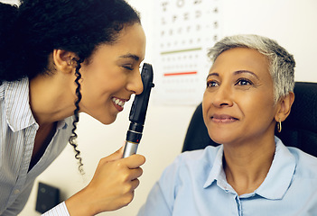 Image showing Woman, eye exam and medical test with ophthalmoscope to check for glaucoma, ocular services and healthcare assessment. Expert optician, eyesight and retina analysis of mature patient with lens tools