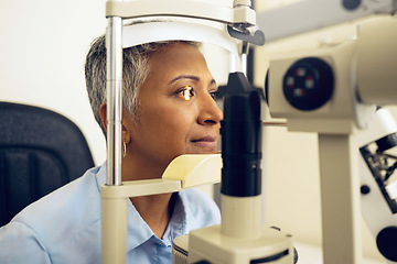 Image showing Senior woman, eye exam with vision and laser machine, health and vision with optometry and wellness at clinic. Patient, LED light and scan retina for assessment with prescription and technology