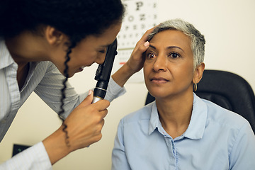 Image showing Woman, eye care and healthcare in clinic with ophthalmoscope to check for glaucoma, ocular services or assessment. Optometrist, expert and retina analysis for eyesight exam of patient with lens tools