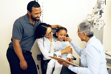 Image showing Family, consulting and eye care with a woman optician in a clinic to see a patient for vision assessment. Mother, father and daughter at the optometrist for an appointment to test eyesight for kids