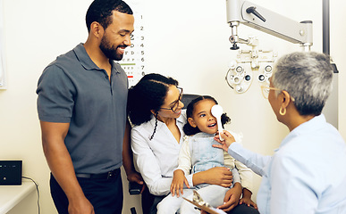 Image showing Family, optometry and eye exam with a woman doctor in a clinic to see a patient for vision assessment. Mother, father and daughter at the optometrist for an appointment to test eyesight for children