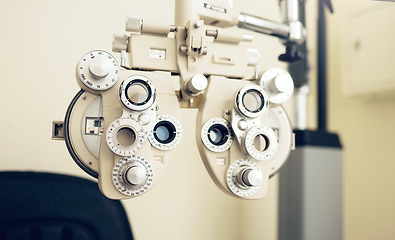 Image showing Eyes assessment, healthcare and tool for vision, focus or test with closeup at optometrist or optometry. Eye care, ophthalmology and ophthalmoscope for medical support, glaucoma or retina testing