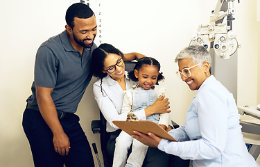 Image showing Family, optometry and eye care with a woman doctor in a clinic to see a patient for vision assessment. Mother, father and daughter at the optometrist for an appointment to test eyesight for kids