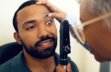 Image showing Vision, patient eyes and optometrist with ophthalmoscope for glaucoma test, ocular healthcare and medical consultation. Optician, eyesight assessment and expert check retina of man with lens tools