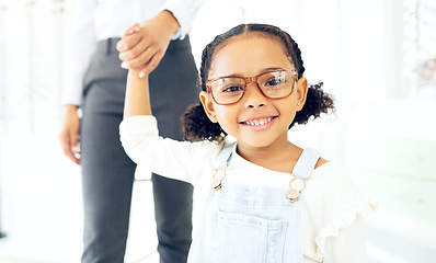 Image showing Eyeglasses store, family holding hands and kid girl shopping for prescription lens, discount product deal or youth eyewear. Vision, eye care and young retail child, parent or client for glasses sales