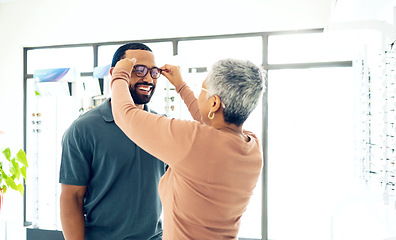 Image showing Optometry, glasses and woman with client for decision, choice and options in optician store for vision. Healthcare, ophthalmology and people consulting and prescription lens, spectacles and frames