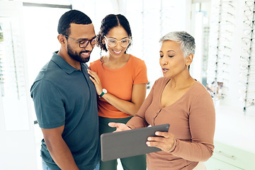 Image showing Optometry, tablet and people shopping for glasses and on a website for online information. Lens, happy and a man and woman with an optometrist and technology for vision and eyewear consultation