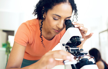 Image showing Ophthalmology, woman on microscope and glasses for calibration, exam and frame correction. Diopter instrument, spectacles and serious optometrist test lens for vision, health and inspection in clinic