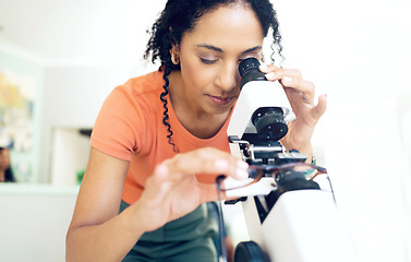 Image showing Optometrist, woman on microscope and glasses for calibration, exam and frame correction. Diopter instrument, spectacles and ophthalmologist test lens for vision, healthcare and inspection in clinic